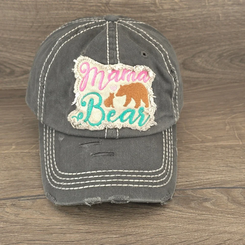 Mama Bear Hat KBETHOS Cap Strap Back Grey Womens Distressed Embroidered Baseball